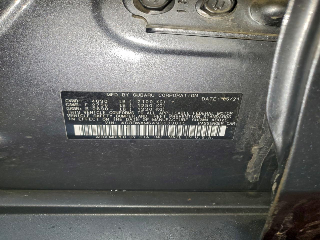 2022 Subaru Legacy Limited VIN: 4S3BWAM64N3003615 Lot: 94212265