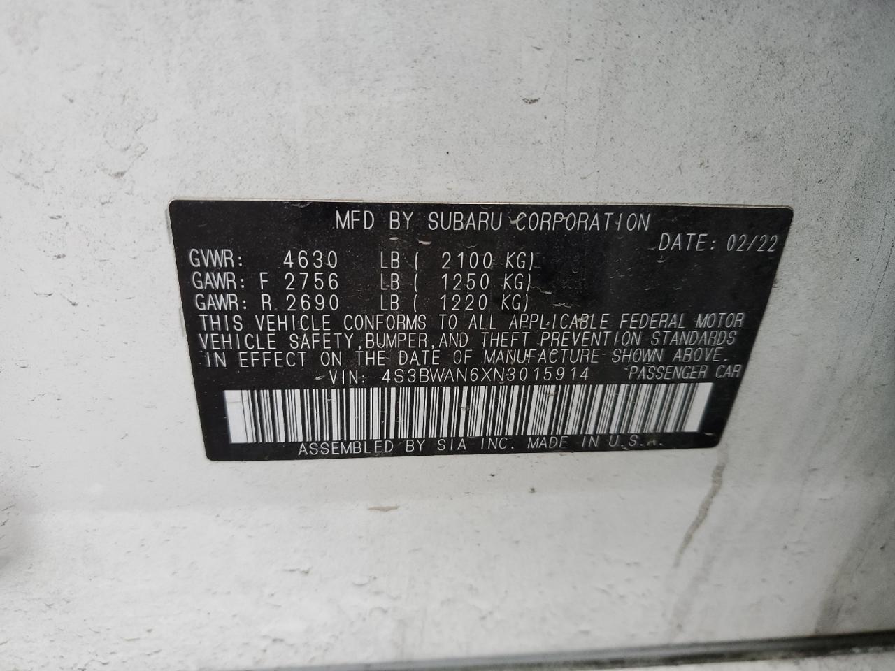 2022 Subaru Legacy Limited VIN: 4S3BWAN6XN3015914 Lot: 93025085