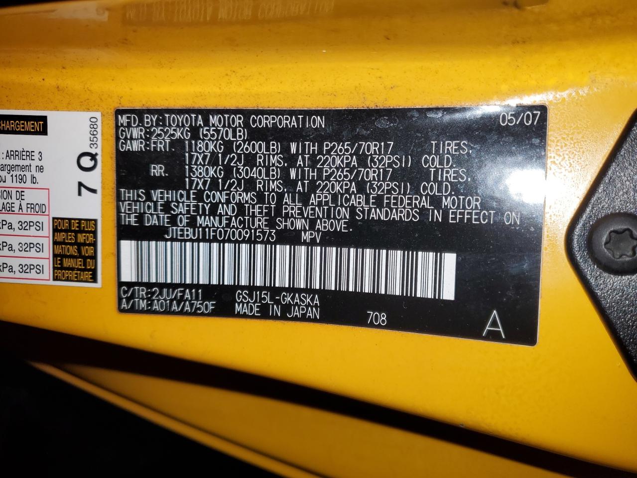 2007 Toyota Fj Cruiser VIN: JTEBU11F070091573 Lot: 91610285