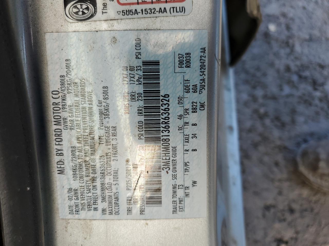 2006 Mercury Milan Premier VIN: 3MEHM08136R636326 Lot: 92493205