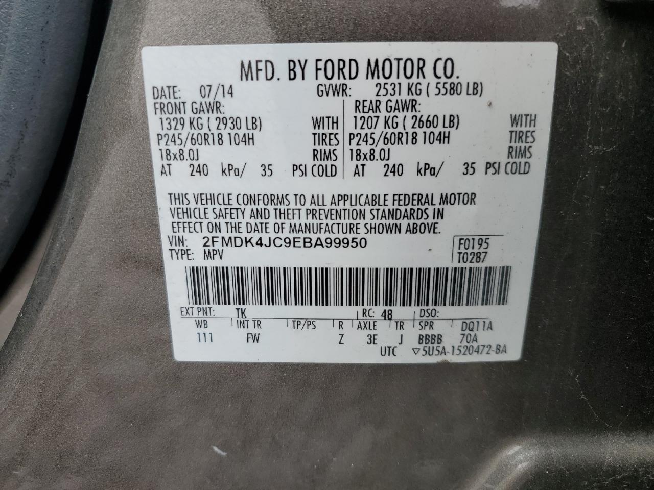 2014 Ford Edge Sel VIN: 2FMDK4JC9EBA99950 Lot: 92650845