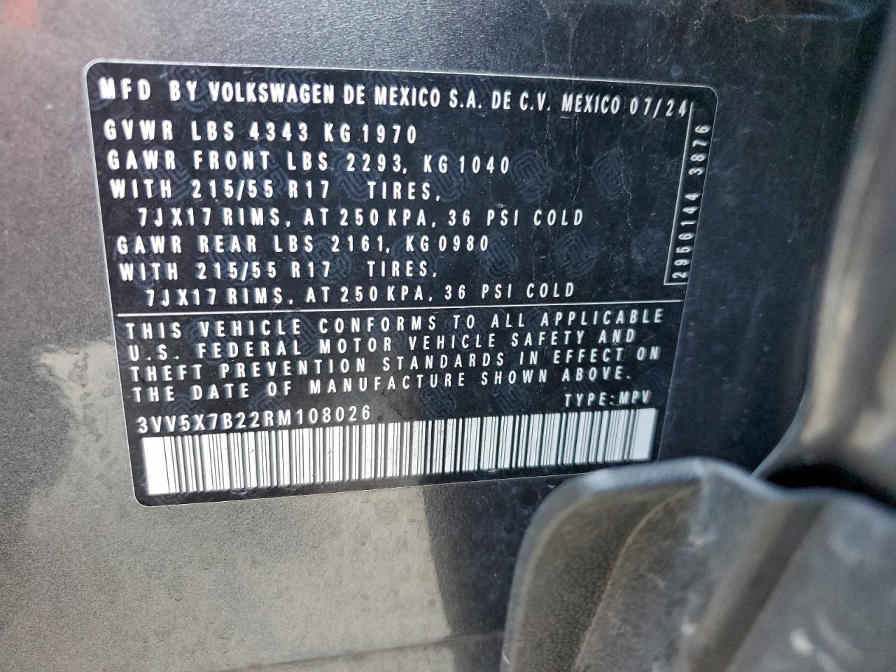 2024 Volkswagen Taos S VIN: 3VV5X7B22RM108026 Lot: 94410725