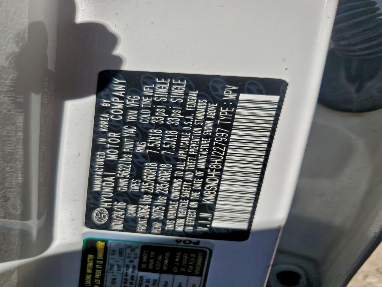 2017 Hyundai Santa Fe Se VIN: KM8SMDHF8HU227997 Lot: 94508375