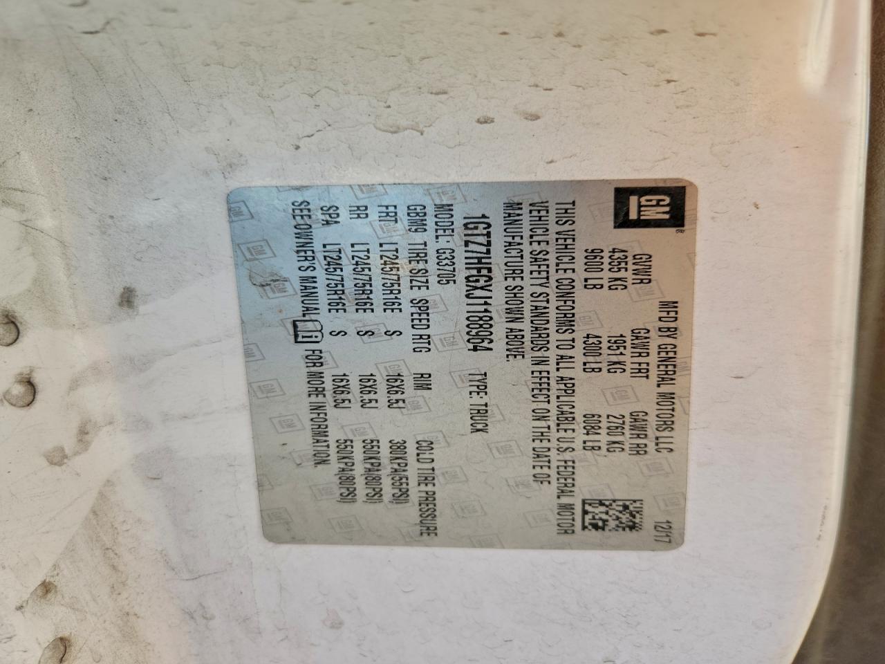 2018 GMC Savana G3500 VIN: 1GTZ7HFGXJ1188964 Lot: 94562595