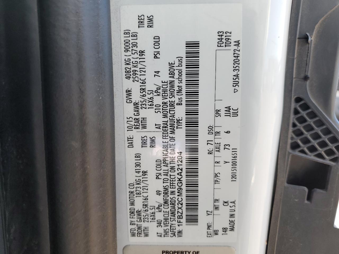 2016 Ford Transit T-350 VIN: 1FBZX2CM9GKA21204 Lot: 91265505