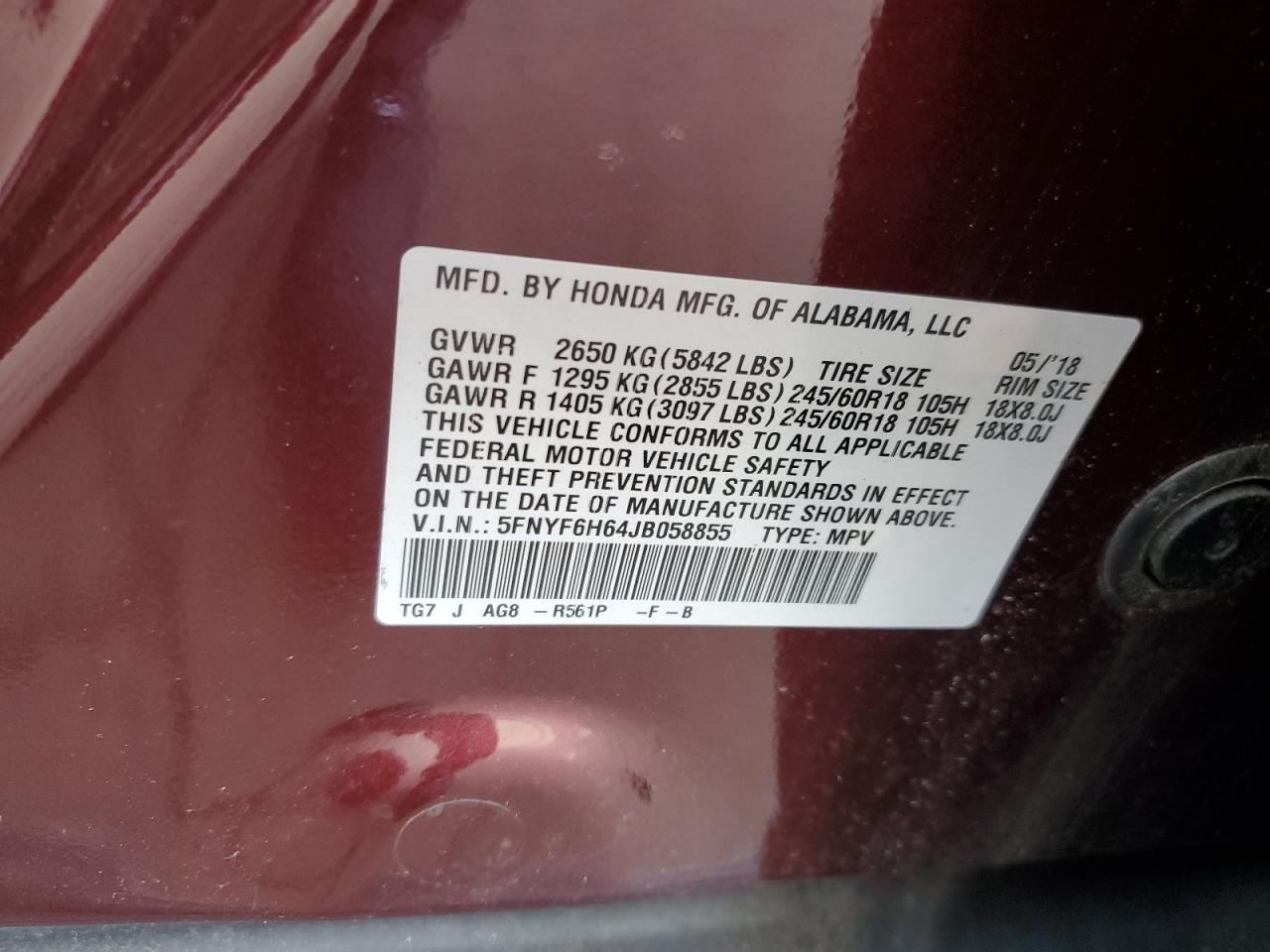 2018 Honda Pilot Exl VIN: 5FNYF6H64JB058855 Lot: 92804625