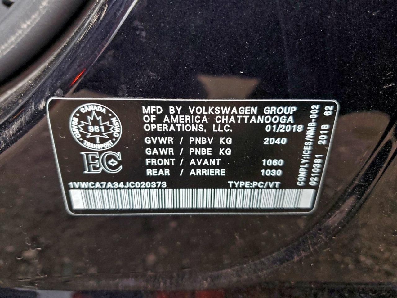 2018 Volkswagen Passat Sel Premium VIN: 1VWCA7A34JC020373 Lot: 92365445