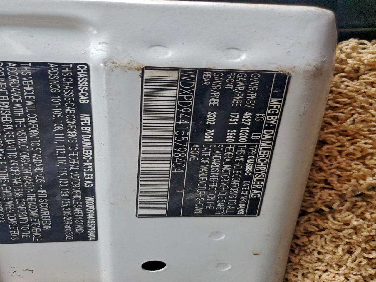 2005 Dodge Sprinter 3500 VIN: WDXPD944155798404 Lot: 93512635