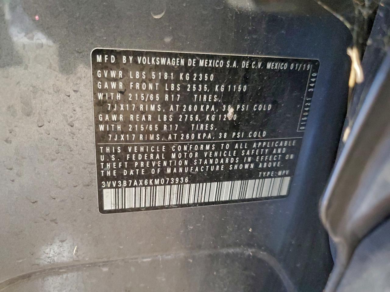 2019 Volkswagen Tiguan Se VIN: 3VV3B7AX6KM073936 Lot: 92139045