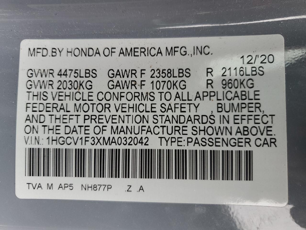 2021 Honda Accord Sport VIN: 1HGCV1F3XMA032042 Lot: 93485235