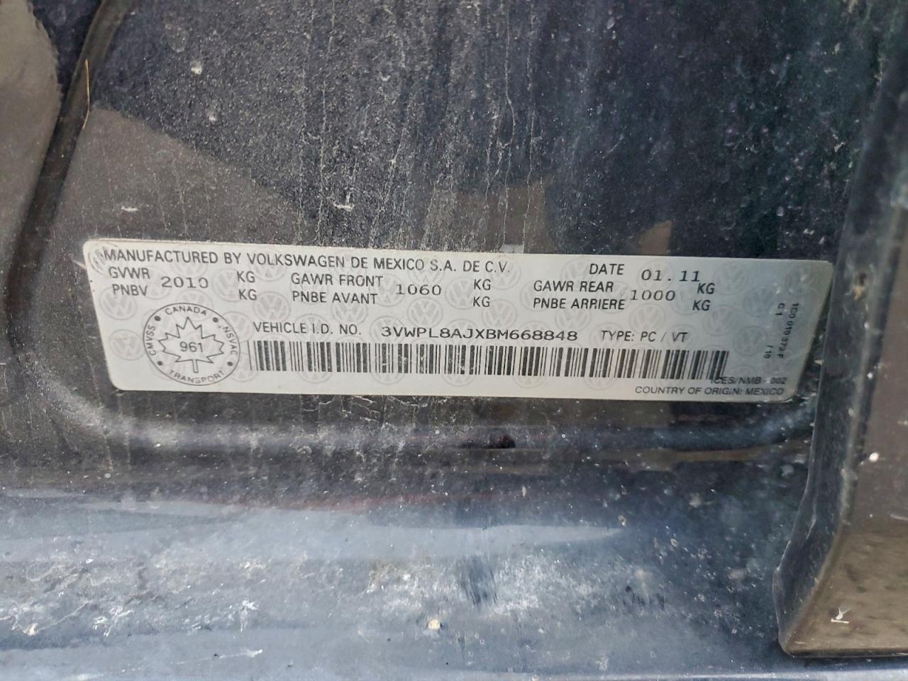 2011 Volkswagen Jetta Tdi VIN: 3VWPL8AJXBM668848 Lot: 94883475