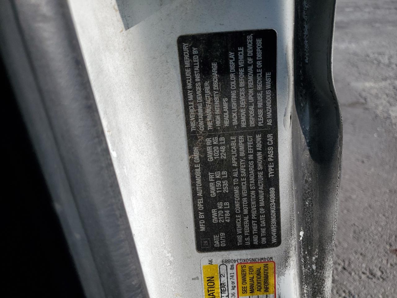 2019 Buick Cascada Premium VIN: W04WH3N50KG340889 Lot: 91671345