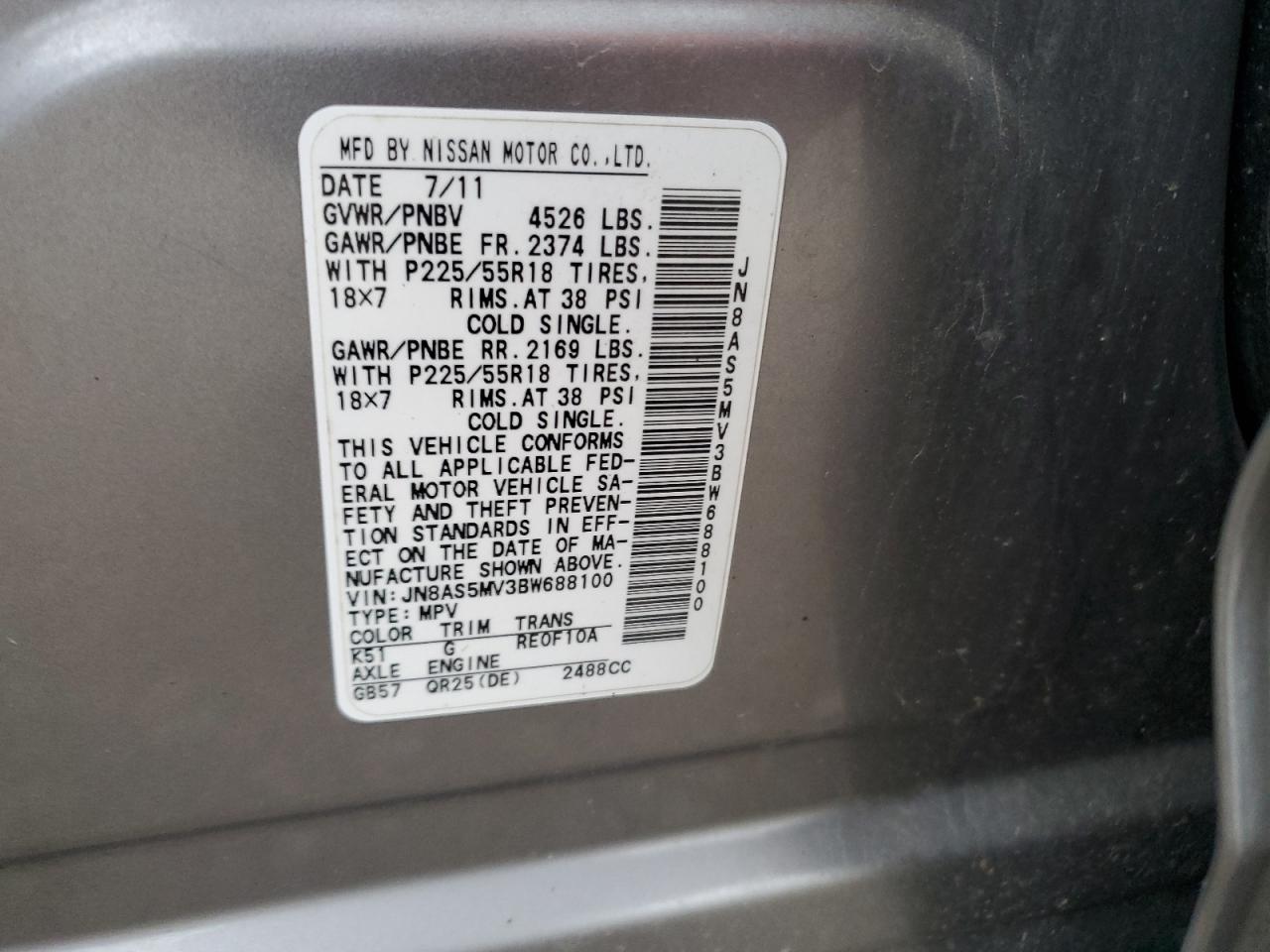 2011 Nissan Rogue S VIN: JN8AS5MV3BW688100 Lot: 92793855