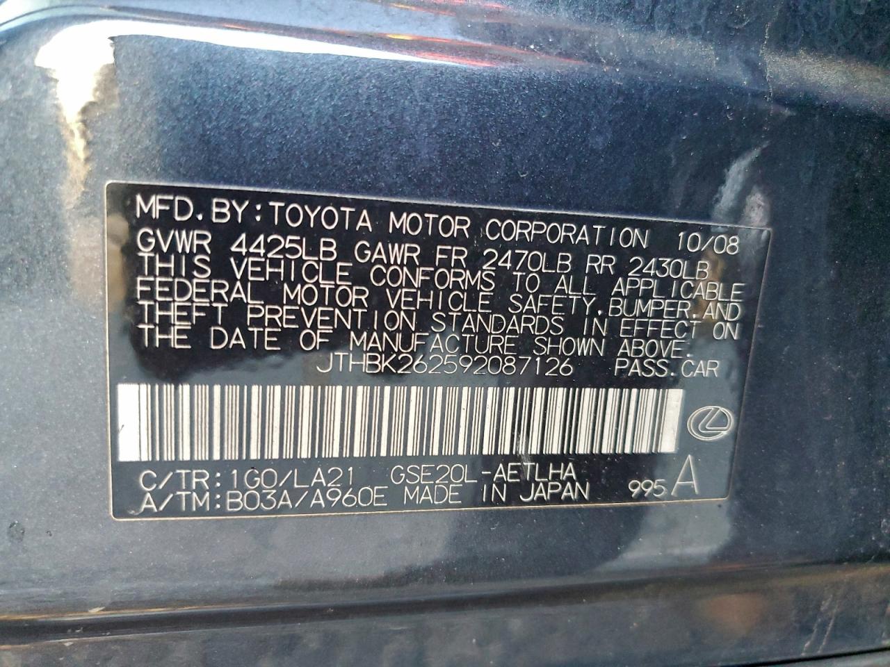 2009 Lexus Is 250 VIN: JTHBK262592087126 Lot: 94789445