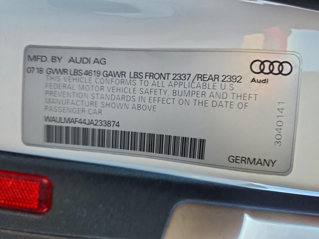 2018 Audi A4 Premium Plus VIN: WAULMAF44JA233874 Lot: 94319255