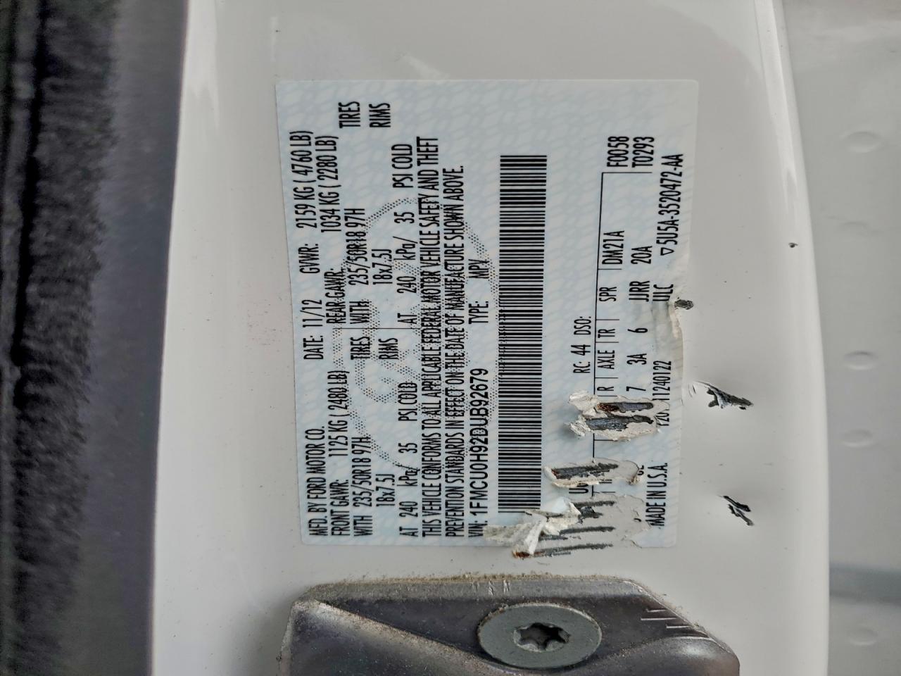 2013 Ford Escape Sel VIN: 1FMCU0H92DUB92679 Lot: 94068055