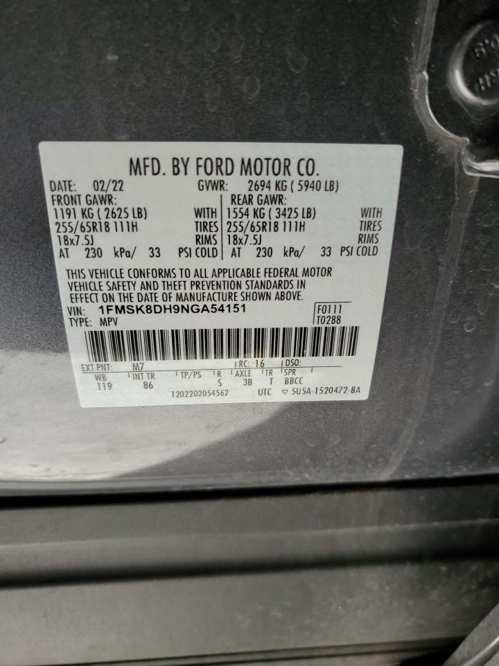 2022 Ford Explorer Xlt VIN: 1FMSK8DH9NGA54151 Lot: 91809955