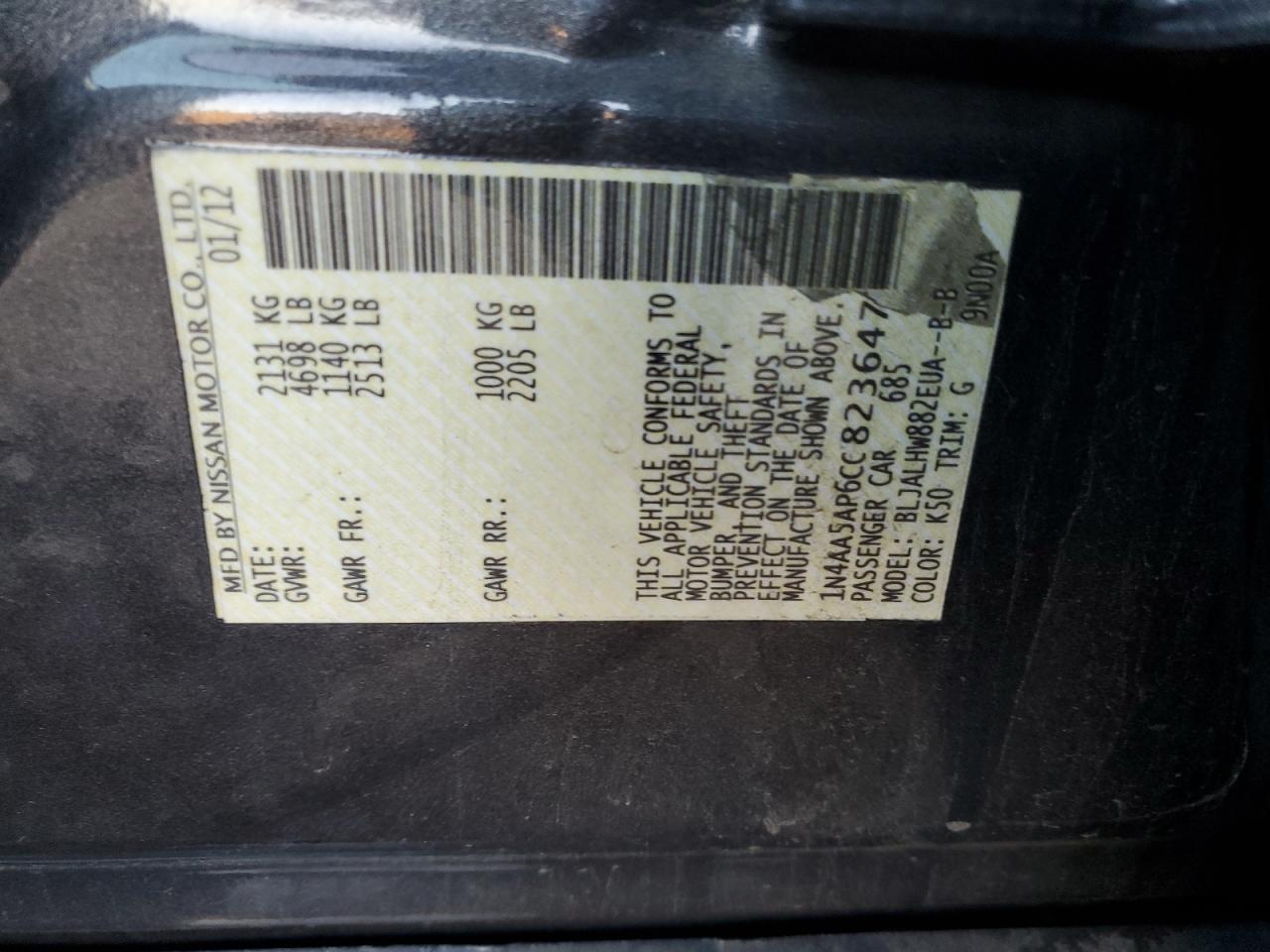 2012 Nissan Maxima S VIN: 1N4AA5AP6CC823647 Lot: 92791365