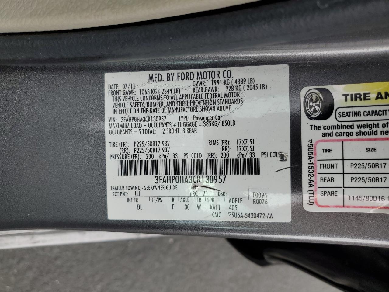 2012 Ford Fusion Se VIN: 3FAHP0HA3CR130957 Lot: 85431425