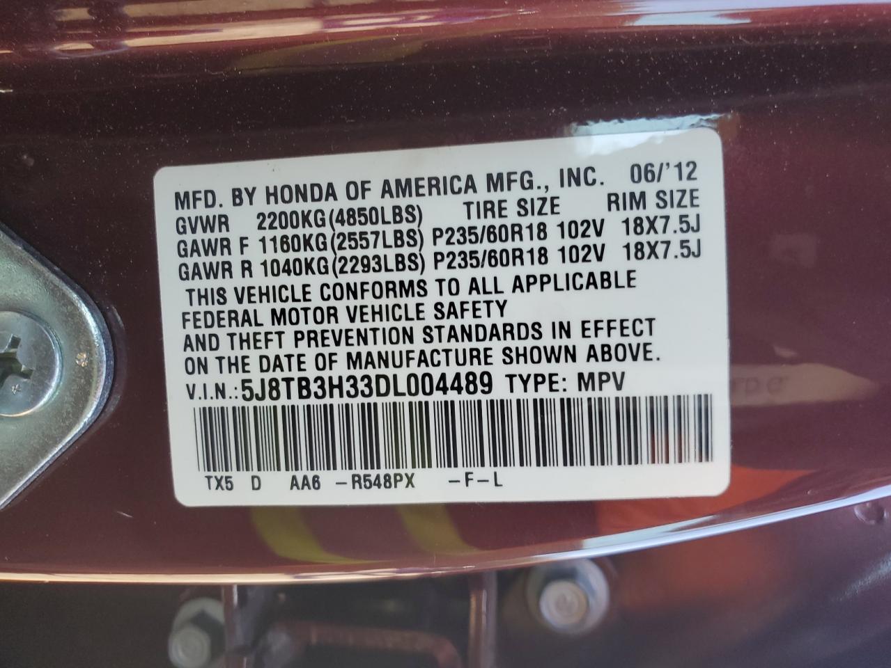 2013 Acura Rdx VIN: 5J8TB3H33DL004489 Lot: 91104855