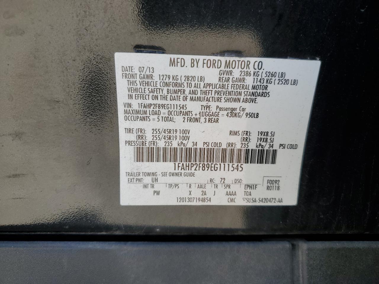 2014 Ford Taurus Limited VIN: 1FAHP2F89EG111545 Lot: 92347745