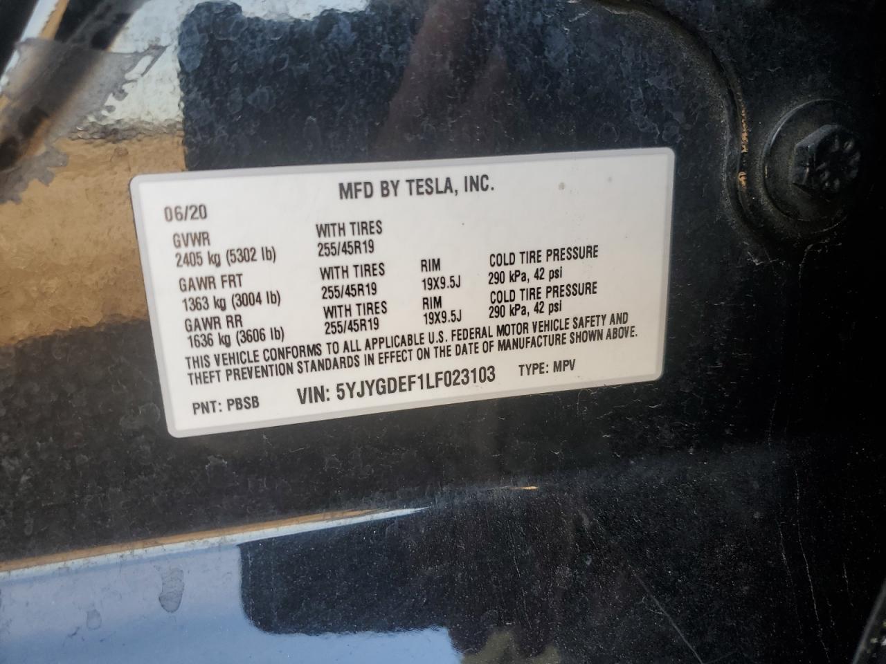 2020 Tesla Model Y VIN: 5YJYGDEF1LF023103 Lot: 92171315