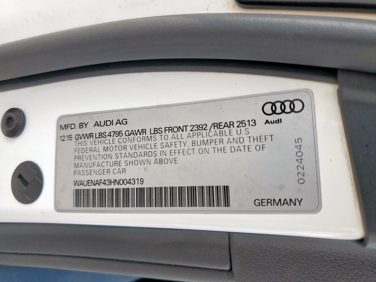 2017 Audi A4 Premium Plus VIN: WAUENAF43HN004319 Lot: 92721465