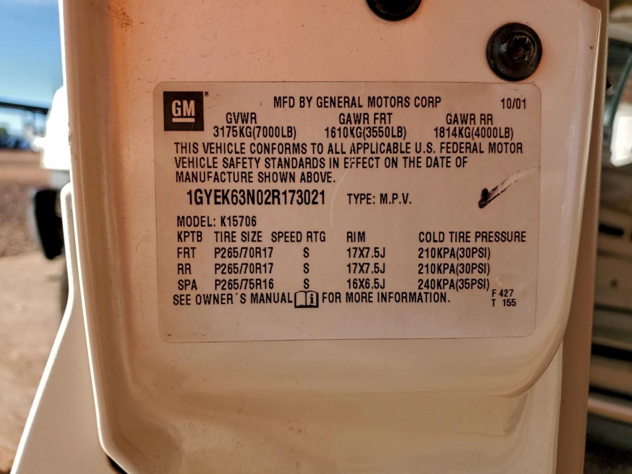 2002 Cadillac Escalade Luxury VIN: 1GYEK63N02R173021 Lot: 93977265