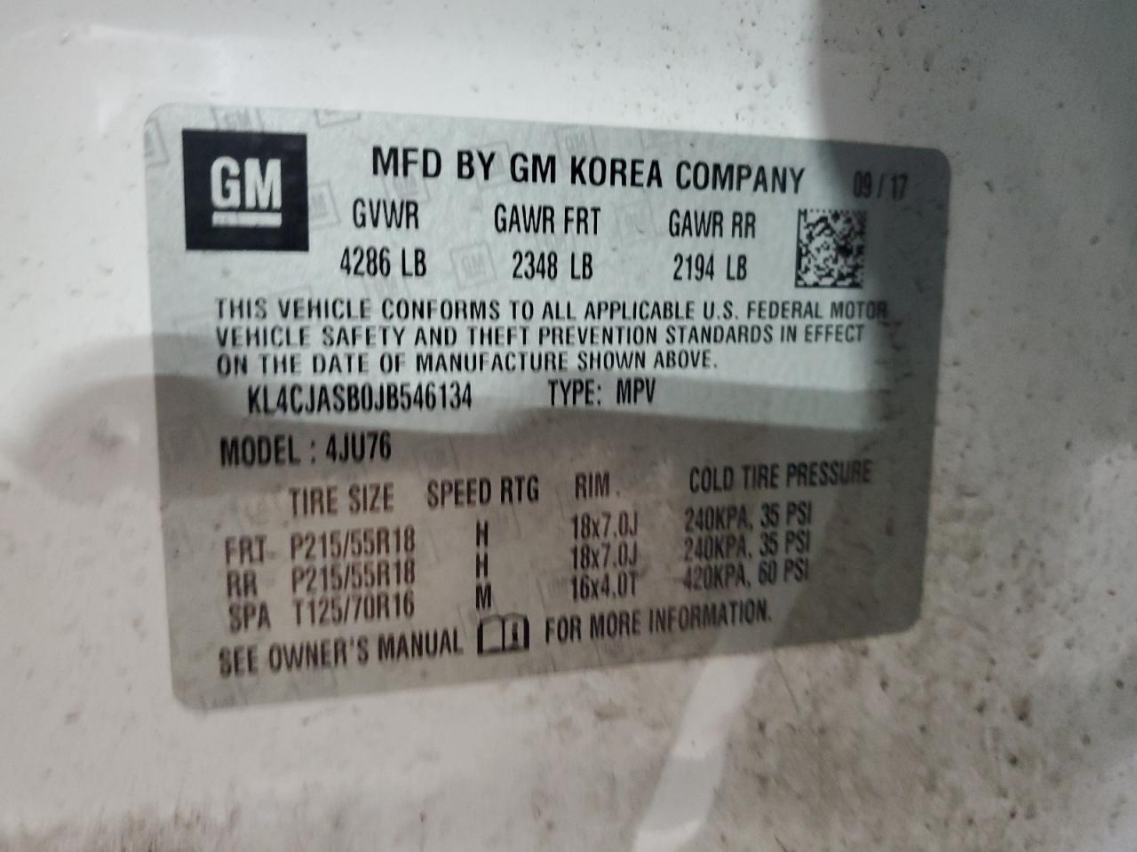 2018 Buick Encore Preferred VIN: KL4CJASB0JB546134 Lot: 93223785