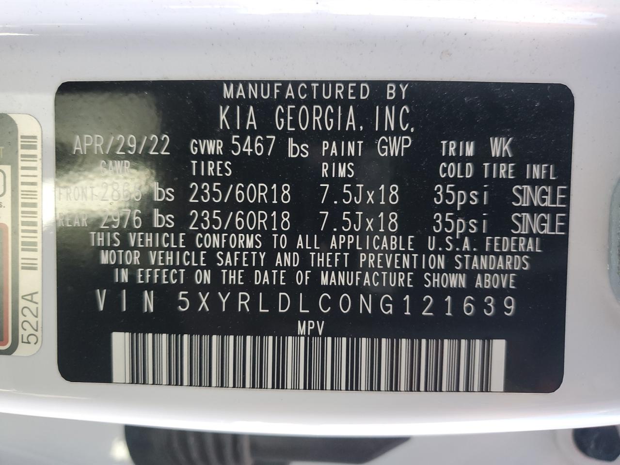 2022 Kia Sorento S VIN: 5XYRLDLC0NG121639 Lot: 91072555