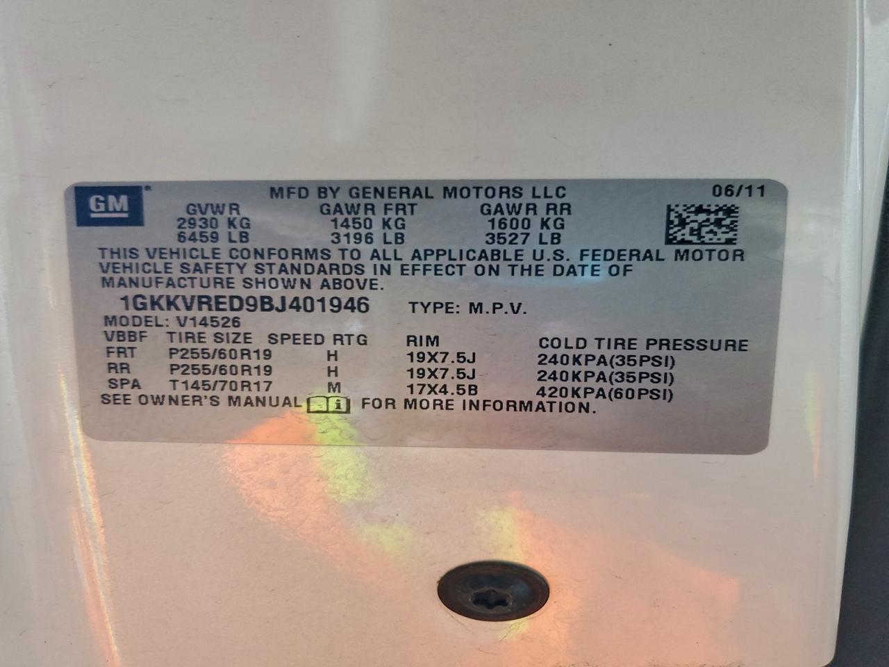 2011 GMC Acadia Slt-1 VIN: 1GKKVRED9BJ401946 Lot: 94935605