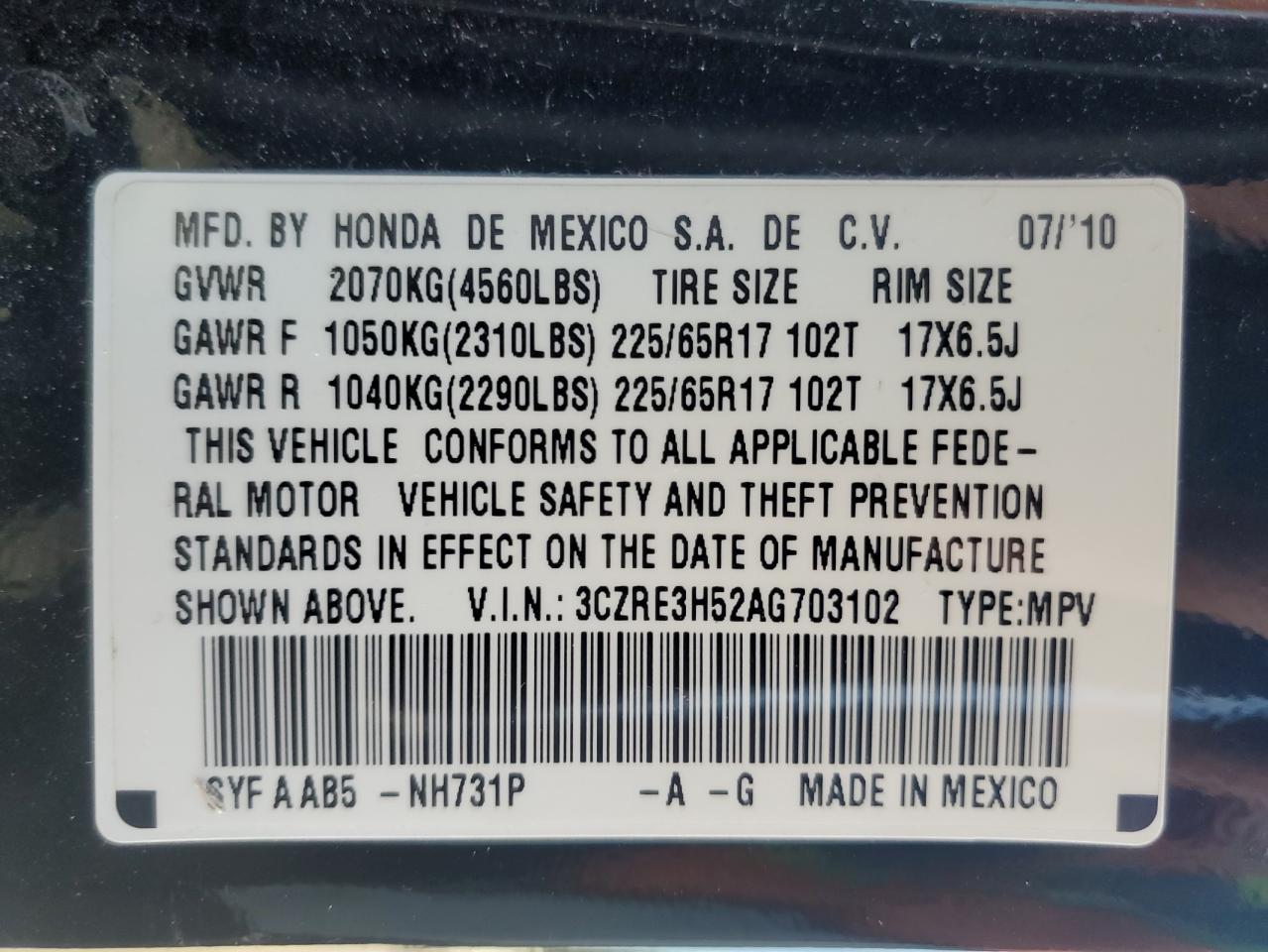 2010 Honda Cr-V Ex VIN: 3CZRE3H52AG703102 Lot: 93197975