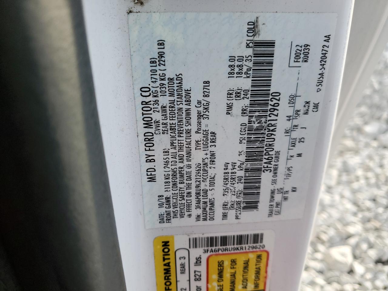 2019 Ford Fusion Titanium VIN: 3FA6P0RU9KR129620 Lot: 93697715