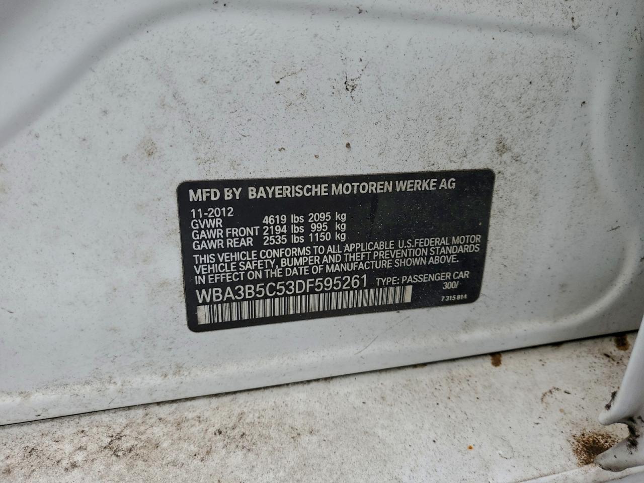 2013 BMW 328 Xi Sulev VIN: WBA3B5C53DF595261 Lot: 93354835