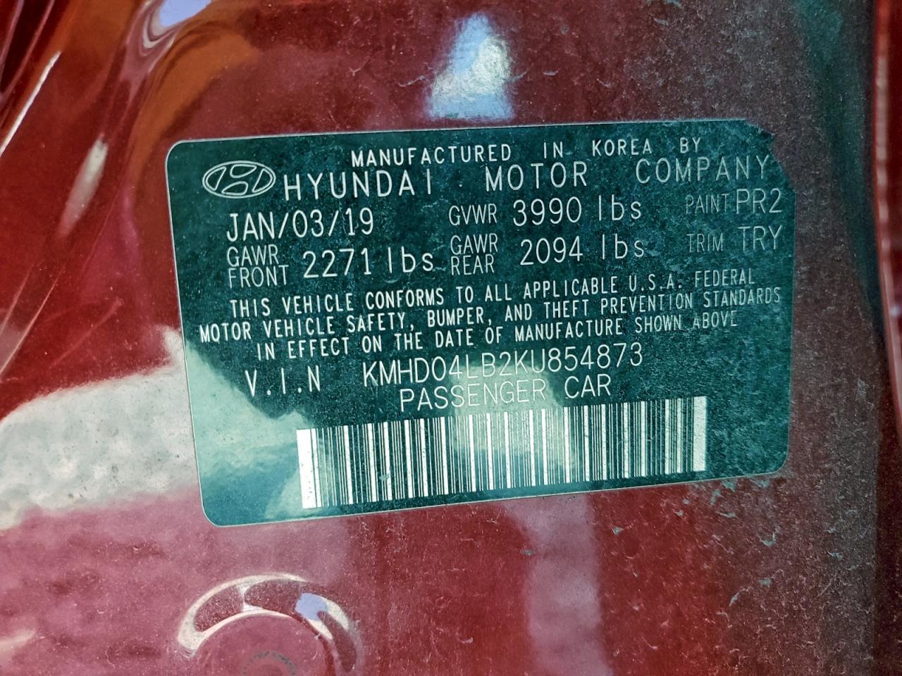 2019 Hyundai Elantra Sport VIN: KMHD04LB2KU854873 Lot: 93909735