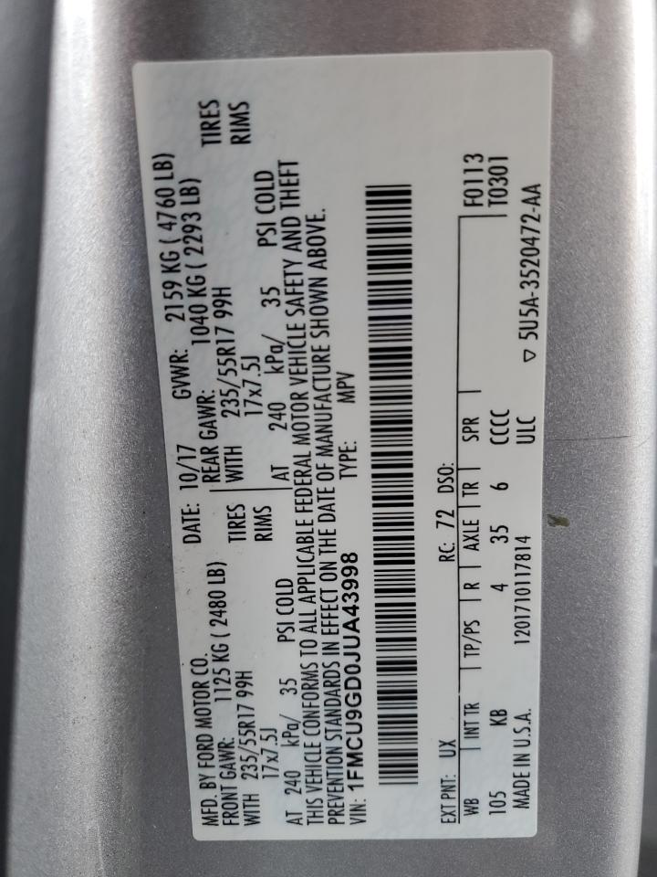 2018 Ford Escape Se VIN: 1FMCU9GD0JUA43998 Lot: 91490525