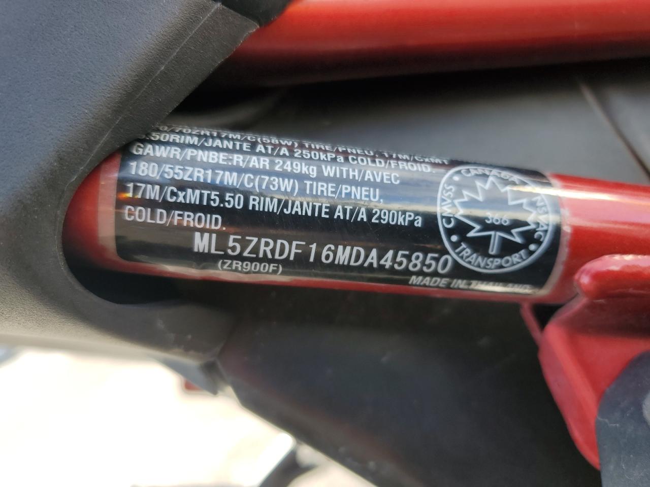 2021 Kawasaki Zr900 F VIN: ML5ZRDF16MDA45850 Lot: 91044555