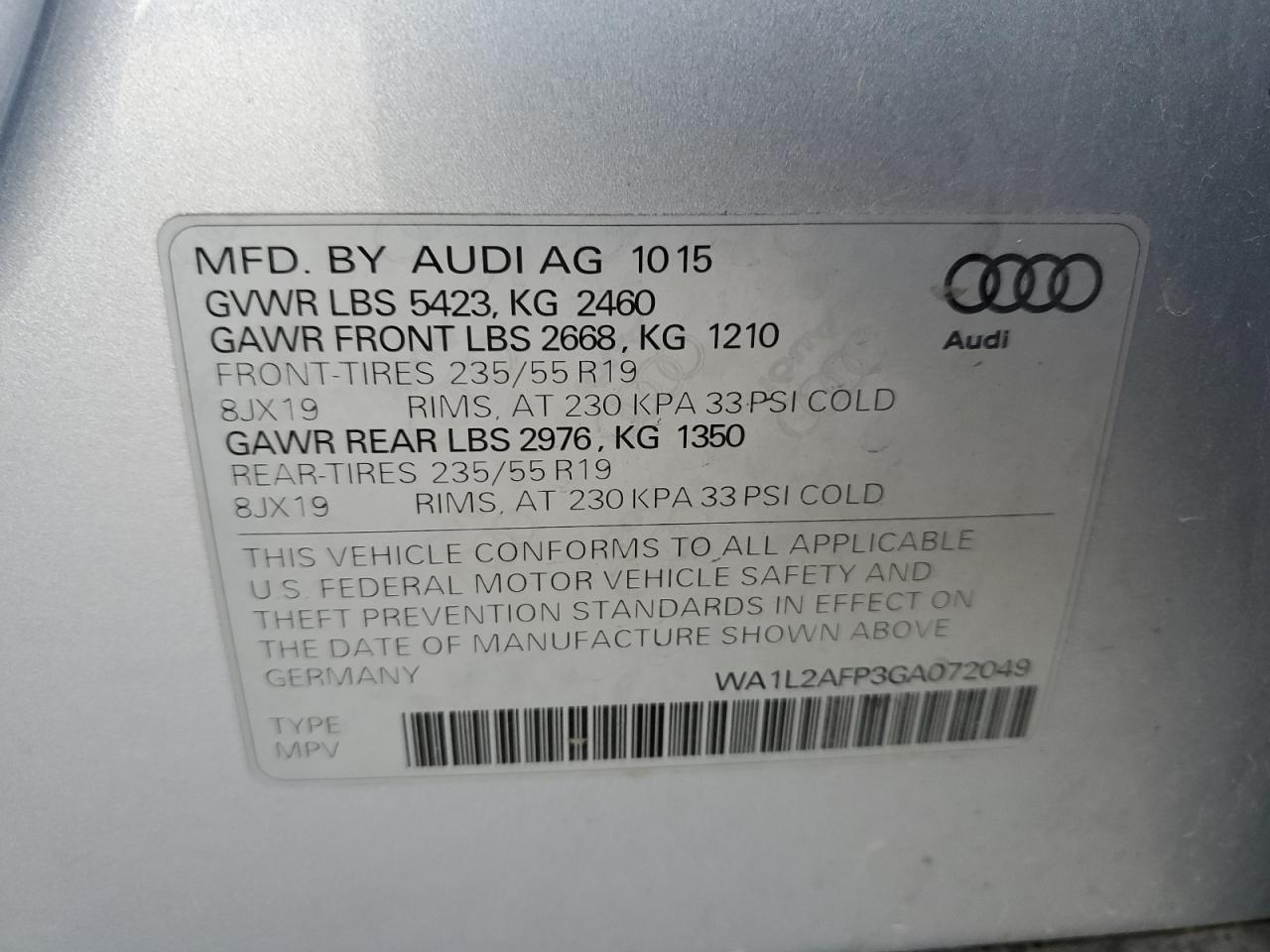 2016 Audi Q5 Premium Plus VIN: WA1L2AFP3GA072049 Lot: 91108665