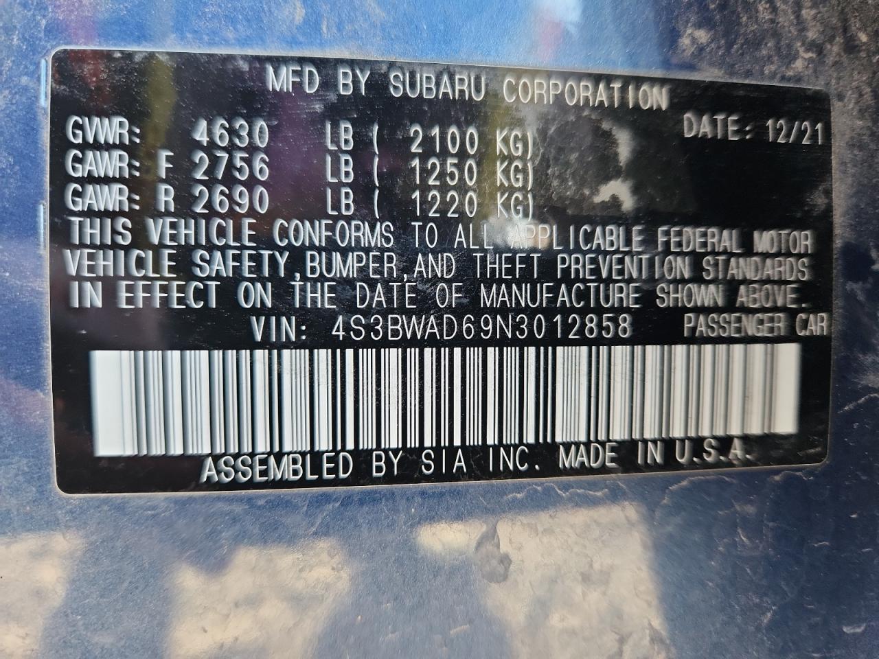 2022 Subaru Legacy Premium VIN: 4S3BWAD69N3012858 Lot: 91853045