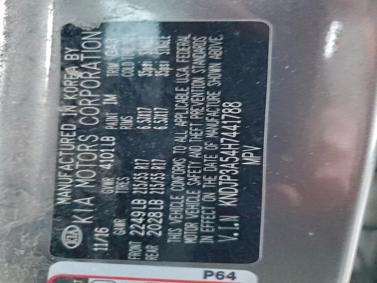 2017 Kia Soul + VIN: KNDJP3A54H7441788 Lot: 94532615