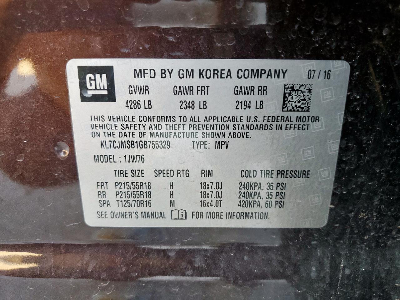 2016 Chevrolet Trax Ltz VIN: KL7CJMSB1GB755329 Lot: 92119725