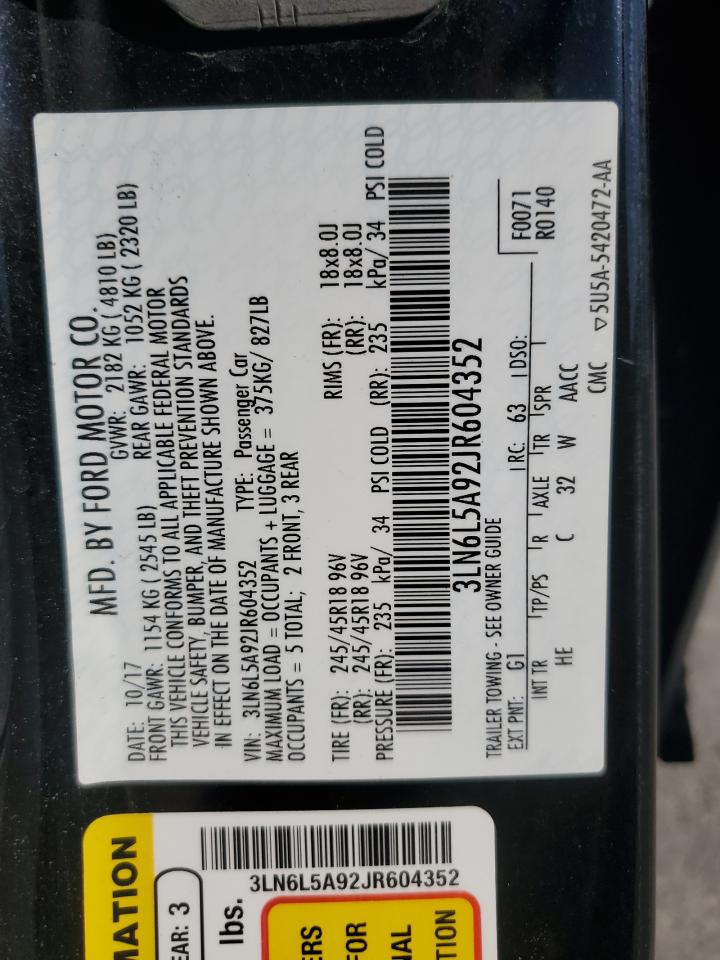 2018 Lincoln Mkz Premiere VIN: 3LN6L5A92JR604352 Lot: 92064915