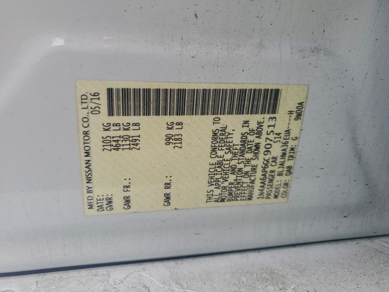 2016 Nissan Maxima 3.5S VIN: 1N4AA6AP6GC907513 Lot: 93685615