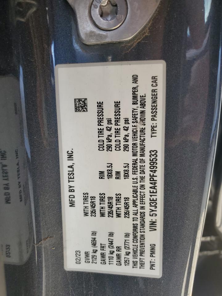 2023 Tesla Model 3 VIN: 5YJ3E1EA4PF499533 Lot: 92162635