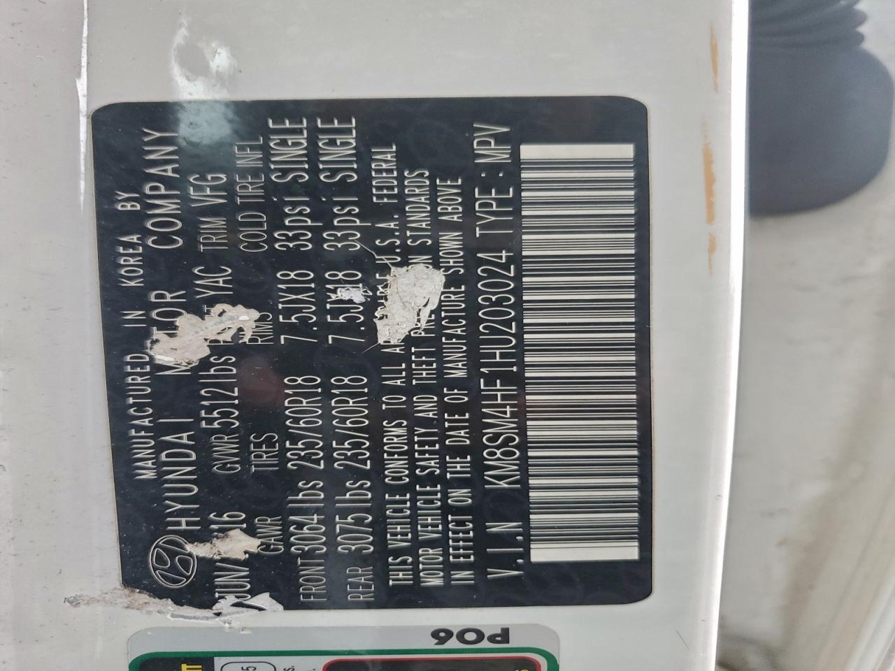 2017 Hyundai Santa Fe Se VIN: KM8SM4HF1HU203024 Lot: 94222975