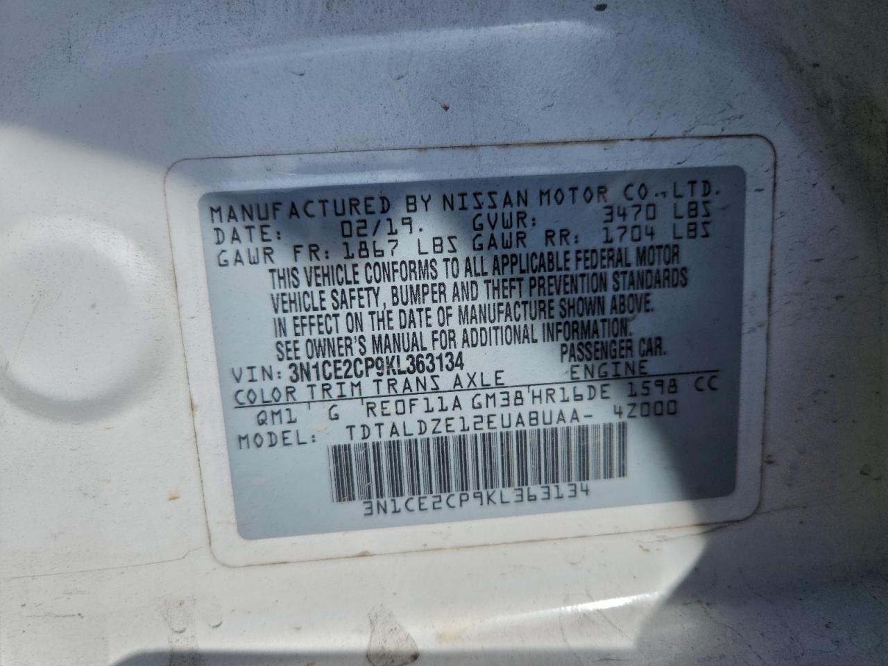 2019 Nissan Versa Note S VIN: 3N1CE2CP9KL363134 Lot: 93668645