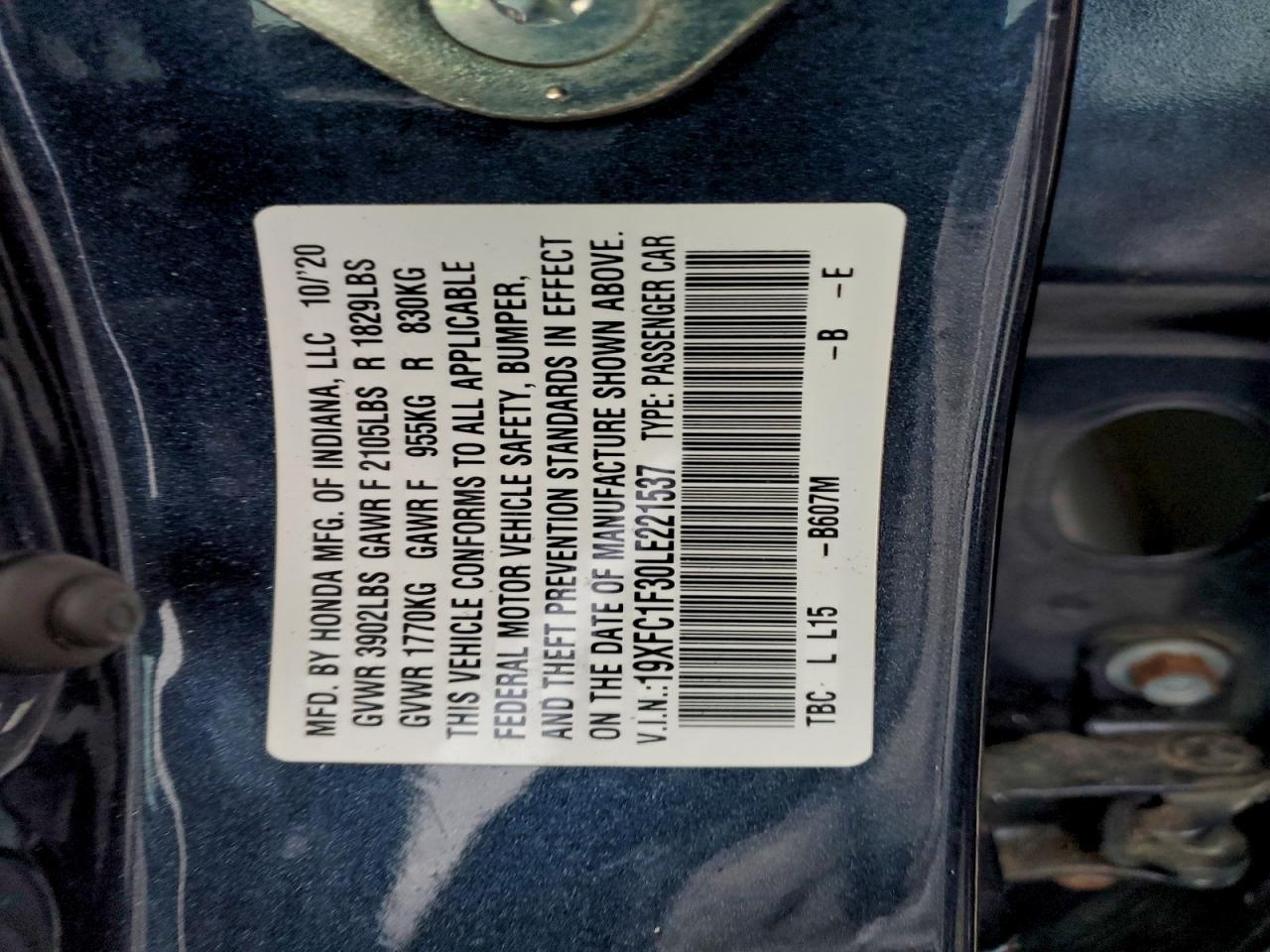 2020 Honda Civic Ex VIN: 19XFC1F30LE221537 Lot: 93735475