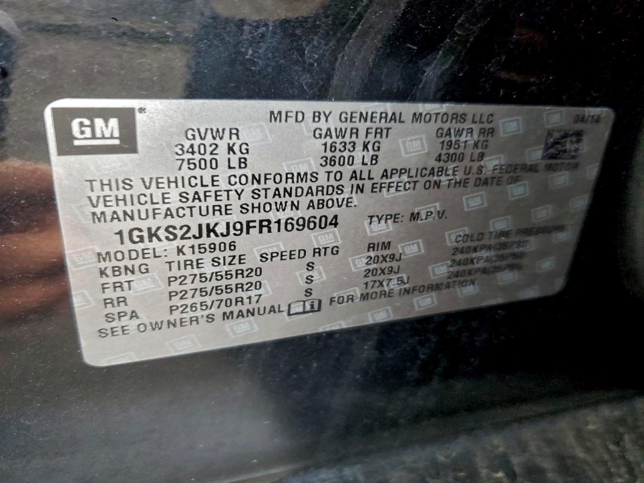 2015 GMC Yukon Xl Denali VIN: 1GKS2JKJ9FR169604 Lot: 93931765