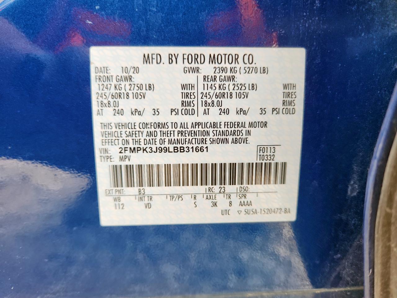 2020 Ford Edge Sel VIN: 2FMPK3J99LBB31661 Lot: 91739655