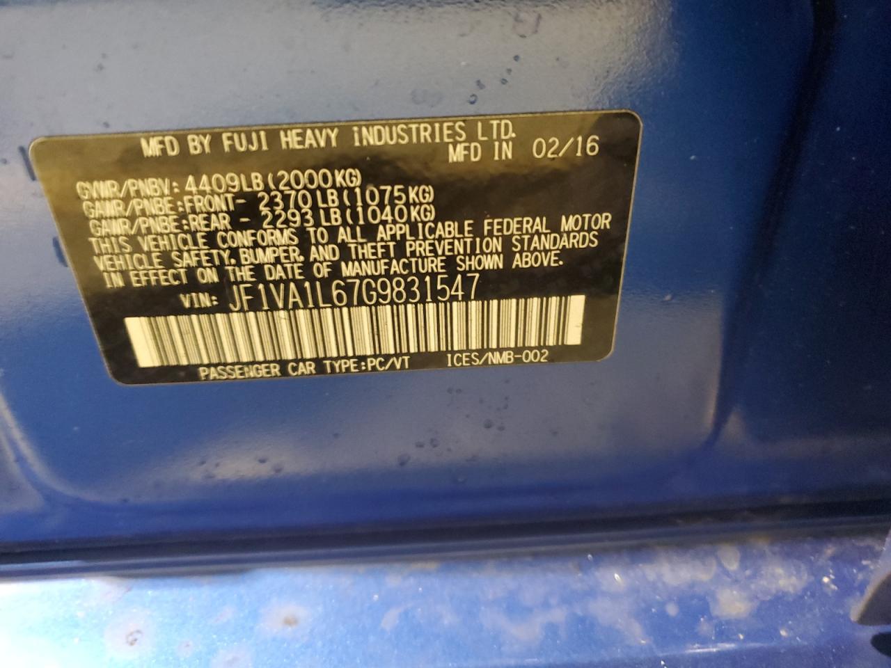 2016 Subaru Wrx Limited VIN: JF1VA1L67G9831547 Lot: 93447395